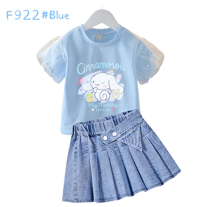 Bộ Áo Thun cotton In Hoạt Hình kuromi Phối Chân váy jean Xếp Ly Kiểu Hàn Quốc Thời Trang Cho Bé Gái