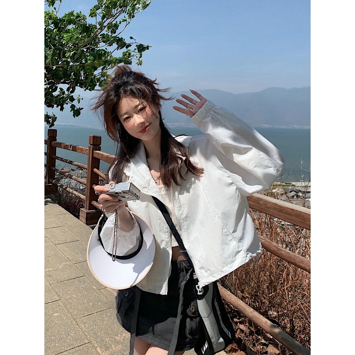 SUXI Áo Khoác Chống Nắng Thể Thao Tay Dài Dáng Rộng Có Mũ Trùm Phối Dây Rút Thời Trang Mùa Hè