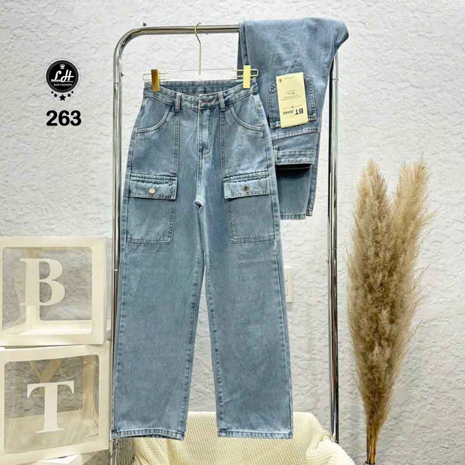 Quần jean ống rộng nữ màu xanh túi hộp đơn giản Lê Huy Fashion MS 263