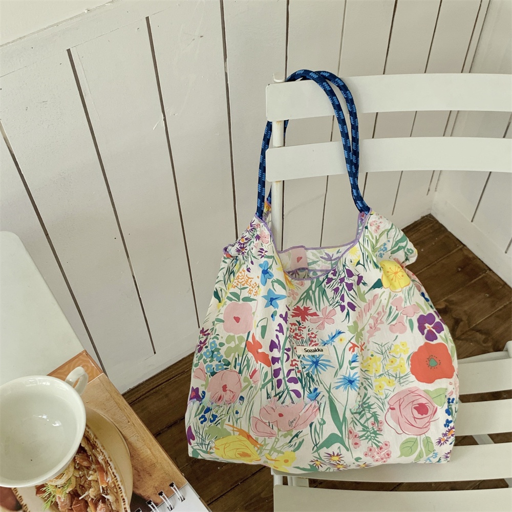 Túi Xách Canvas Dây Rút Cỡ Lớn Họa Tiết Hoa Thời Trang Mùa Hè