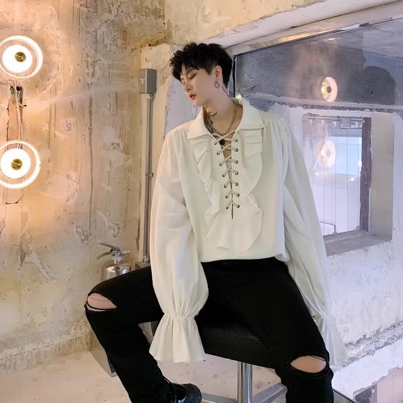 Áo Sơ Mi Tay Dài Phối Dây Rút Phong Cách Âu Mỹ Thời Trang Cho Nam Sơ Mi Trắng Lụa áo đen Nam áo Sơ Mi Basic áo Thời Trang Nam Sơ Mi Hawaii áo Sơ Mi Trắng Cộc Tay