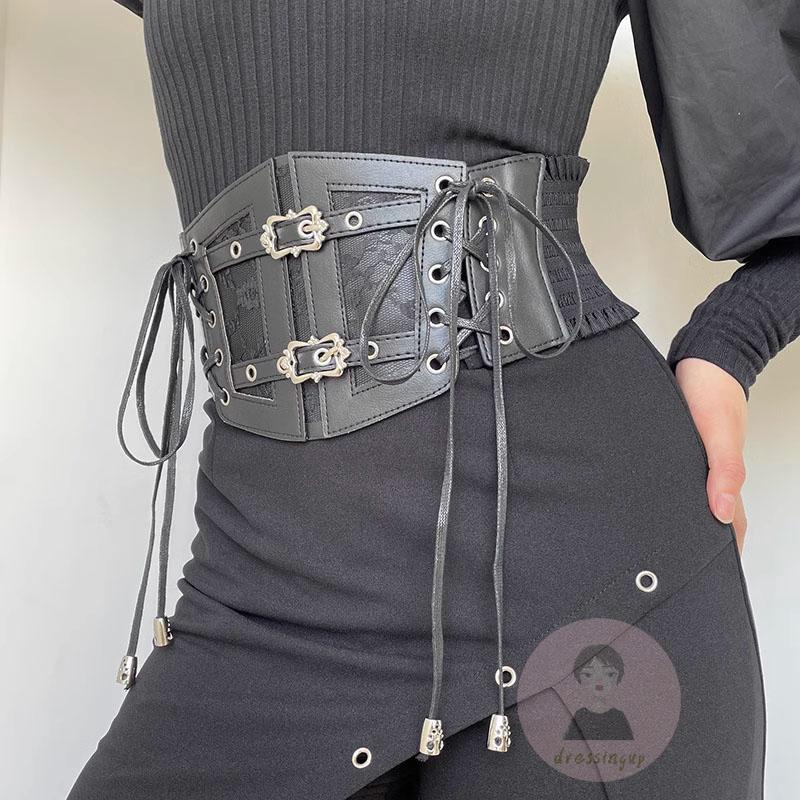Dre-women faux leather tie-up lace patchwork có thể điều chỉnh hình dạng eo