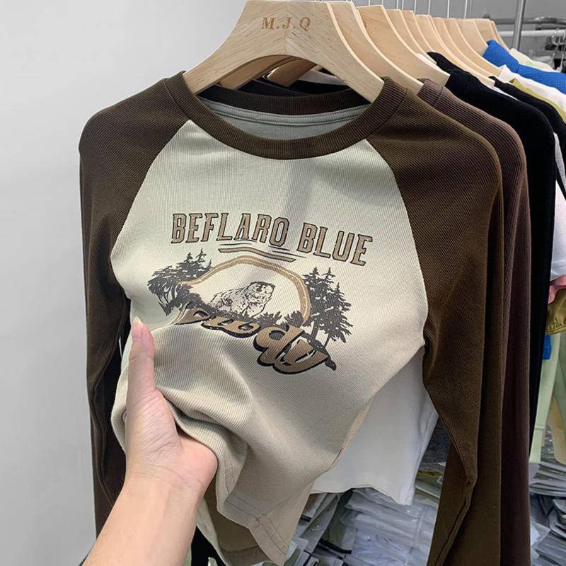 Áo Thun Tay Dài Cổ Tròn Dáng Ôm Phong Cách Retro Dành Cho Nữ