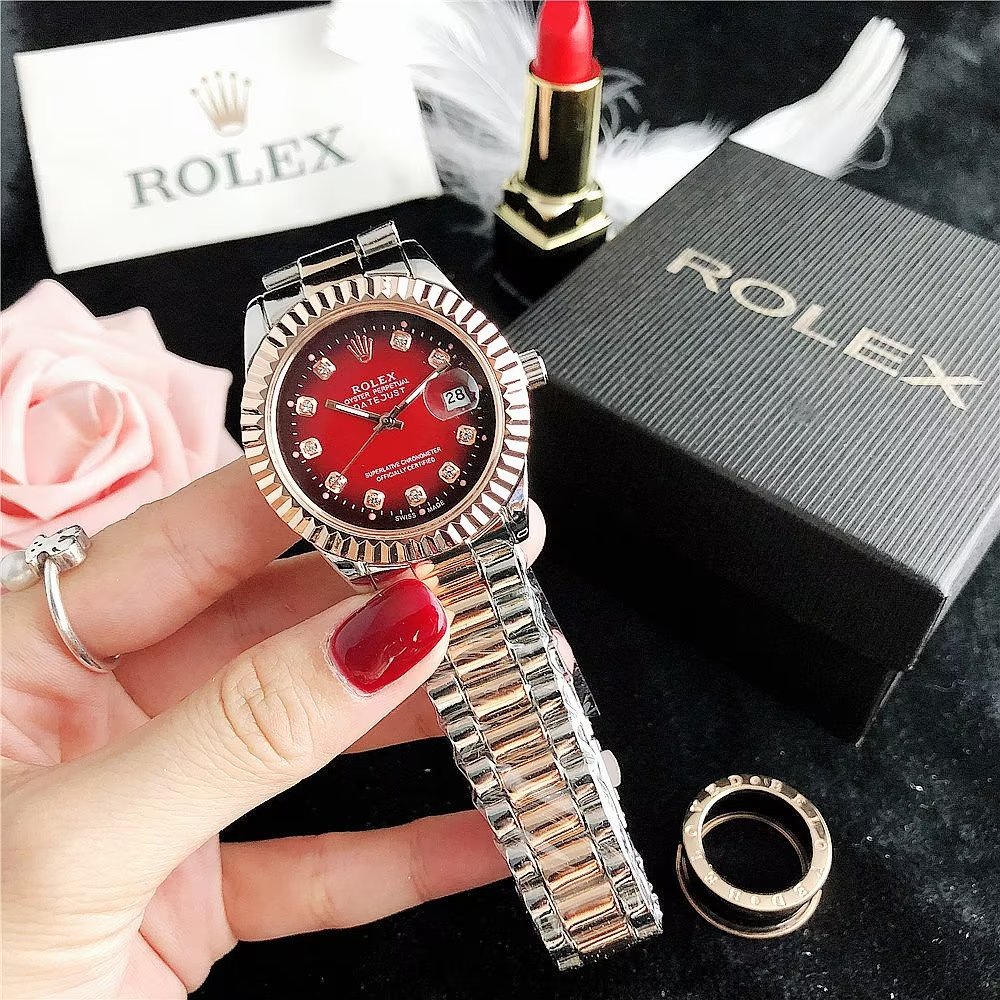Đồng Hồ Rolex Mặt Tròn Đính Kim Cương Dây Da Thép Không Gỉ Thời Trang Cho Cặp Đôi