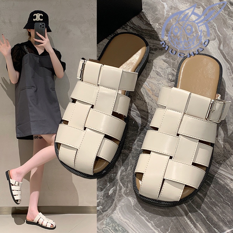 MUCHAO Dép Sandal Bít Mũi Đế Bằng Phong Cách Hàn Quốc Thời Trang Mùa Hè Hàng Mới Dành Cho Bạn Nữ