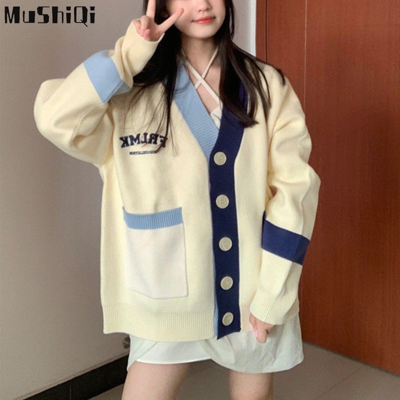 Áo Khoác Cardigan Dệt Kim Thêu Chữ Màu Sắc Ngọt Ngào Phong Cách Hàn Quốc Cho Nữ