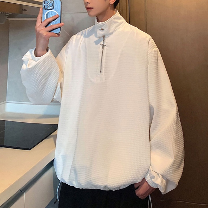 Youtang Áo Sweater Cổ Polo Có Khóa Kim Loại Nửa Hình Waffle Phong Cách Mỹ Cho Nam