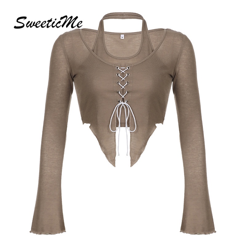 Sweeticme women's 2023 new fashion fake two-piece solid color halter không thường xuyên slim fit long sleeve causal t-shirt
