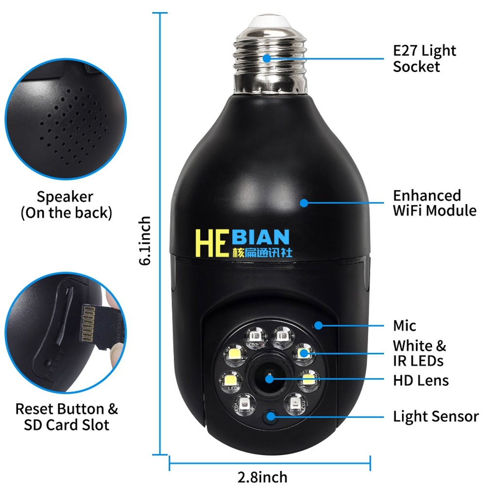 Hebian e27 wifi bulb camera quan sát ban đêm camera ip 4mp nhà thông minh an ninh màn hình trẻ em camera không dây camera kỹ thuật số 4mp