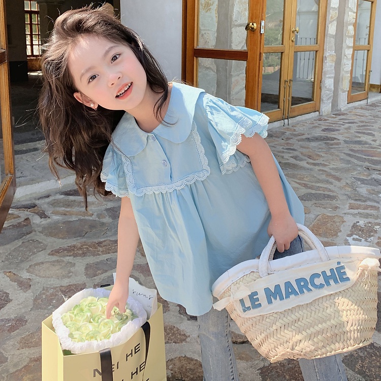 2023 áo sơ mi trẻ em mới mùa hè baby doll collar girls 'top french sweet