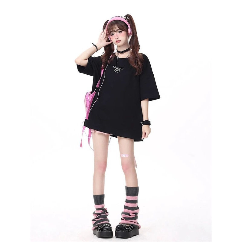 Nữ nơ tie in ngắn tay t-shirt lỏng trung bình chiều dài t-shirt top