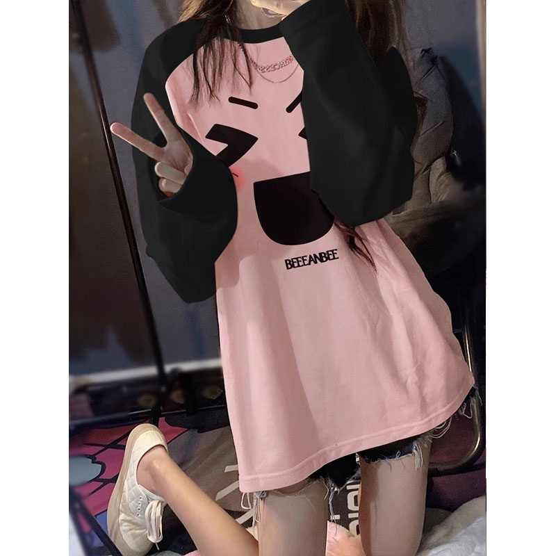 100% cotton 2023 hàn quốc thu đông mới vai in ghép nối dài tay t-shirt nữ hàng đầu