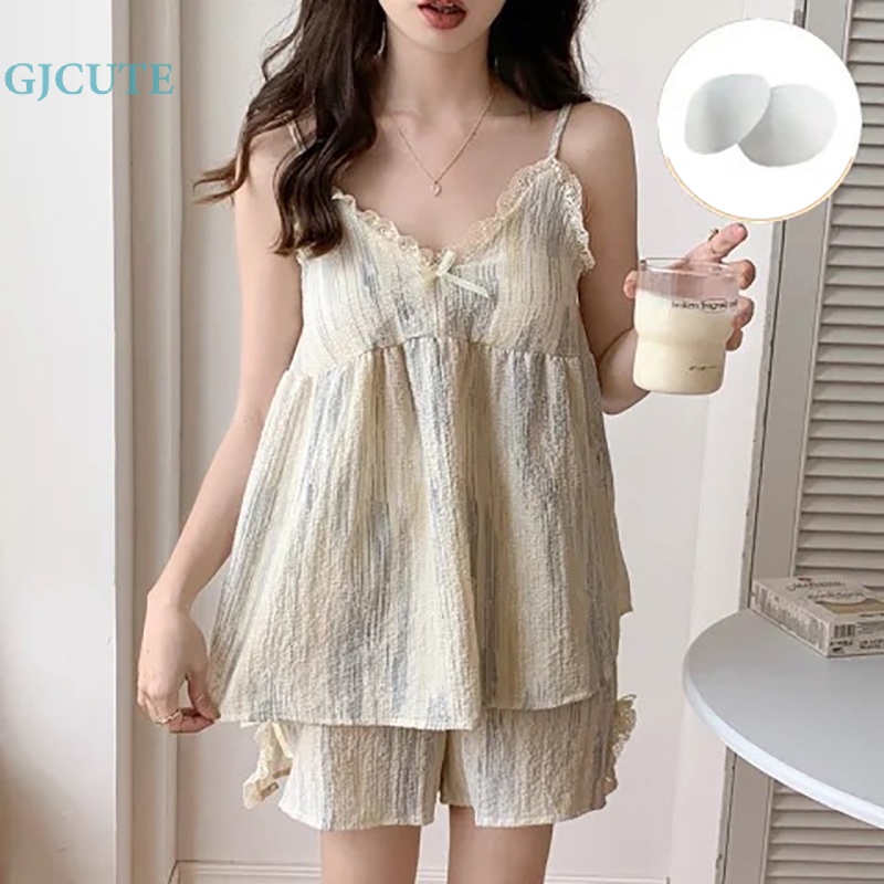 Gjcute sling pyjamas nữ không tay đồ mặc nhà mùa hè buộc-nhuộm với miếng đệm ngực wtd