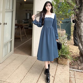Kii Wii Đầm Midi Chữ a Tay Dài Cổ Vuông Màu Tương Phản Thời Trang Mùa Thu Mới Cho Nữ
