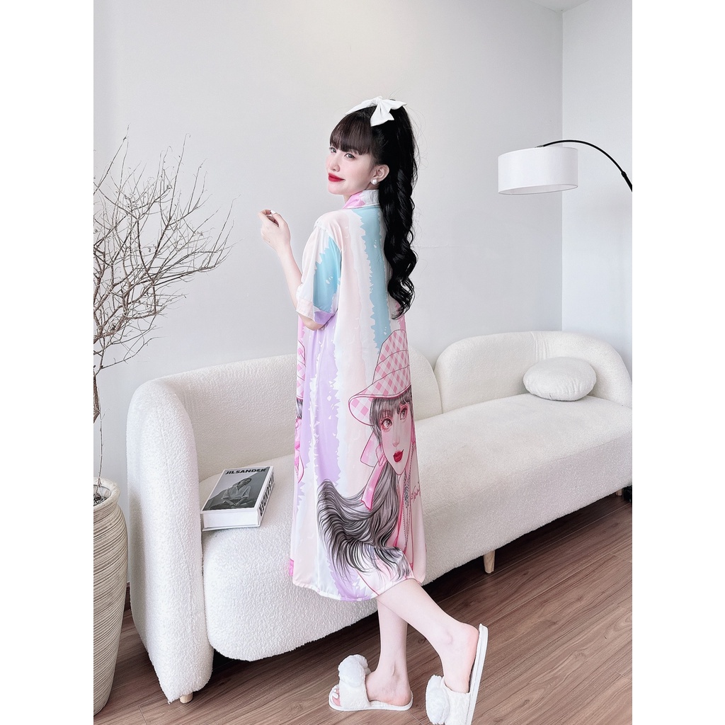 Đầm ngủ sơ mi lụa Olici váy mặc nhà bigsize suông rộng dáng dài in họa tiết 3D cao cấp | BigBuy360 - bigbuy360.vn