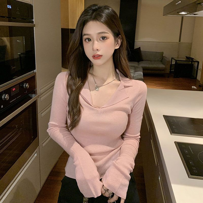 Mùa thu dài tay t-shirt polo cổ áo dệt kim đáy áo sơ mi phụ nữ hàng đầu