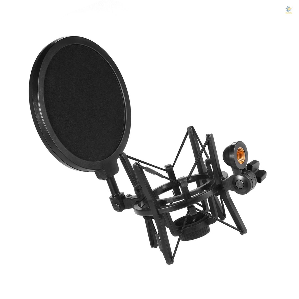 3elife univerdal plastic condenser microphone mic shock mount holder bracket anti-vibration with pop filter for on-line broadcasting studio music recording