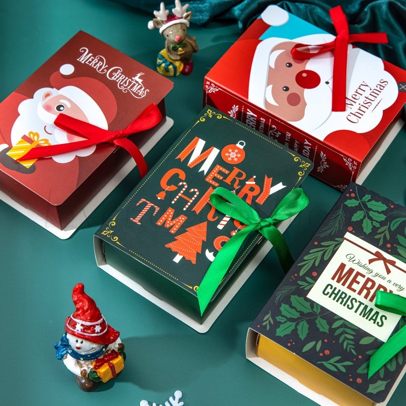 Hộp hình dạng sách giáng sinh / giáng sinh vui vẻ hộp giấy sô cô la táo / hộp quà giáng sinh ông già noel / đồ dùng trang trí tiệc tại nhà / túi quà hộp đựng kẹo