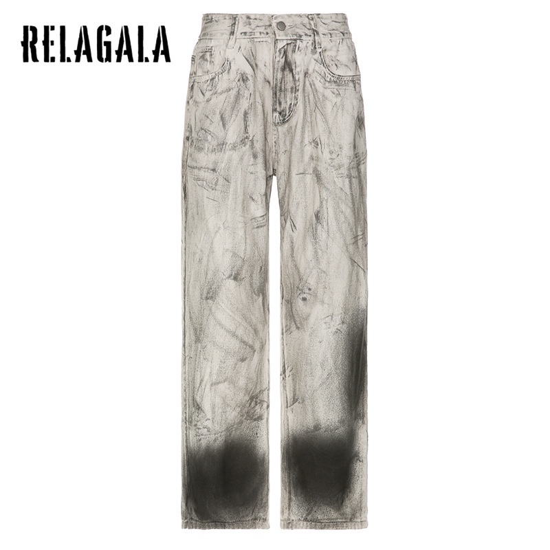 Quần nữ denim RELAGALA ống rộng cạp thấp họa tiết graffiti thường ngày cá tính thời trang mới 2023
