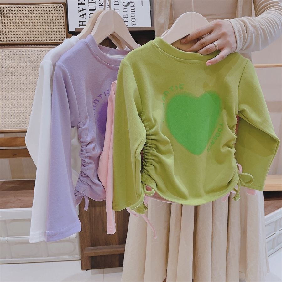 Áo Thun Tay Dài Mùa Thu 2023 Có Dây Rút In Họa Tiết Trái Tim Phong Cách Công Chúa Mới Cho Bé Gái