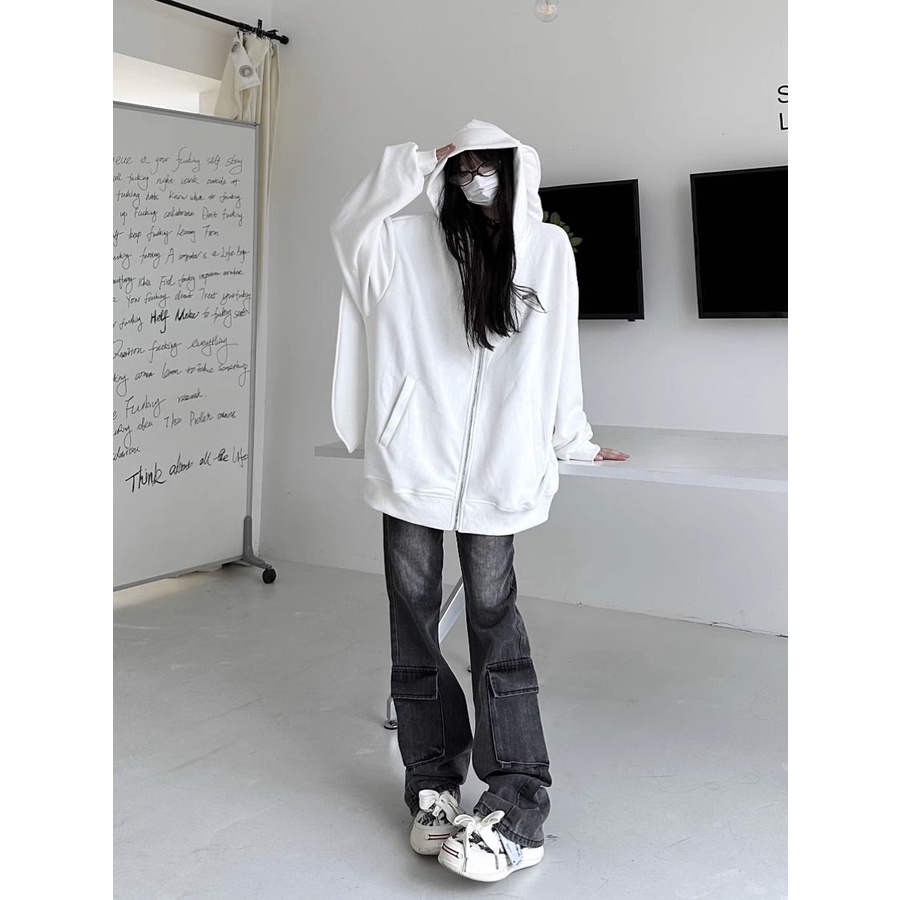 Áo khoác tai thỏ áo khoác có mũ trùm đầu nữ thỏ cô gái dễ thương tai có mũ trùm đầu áo rời nam thu đông sinh viên phong cách mới dài-