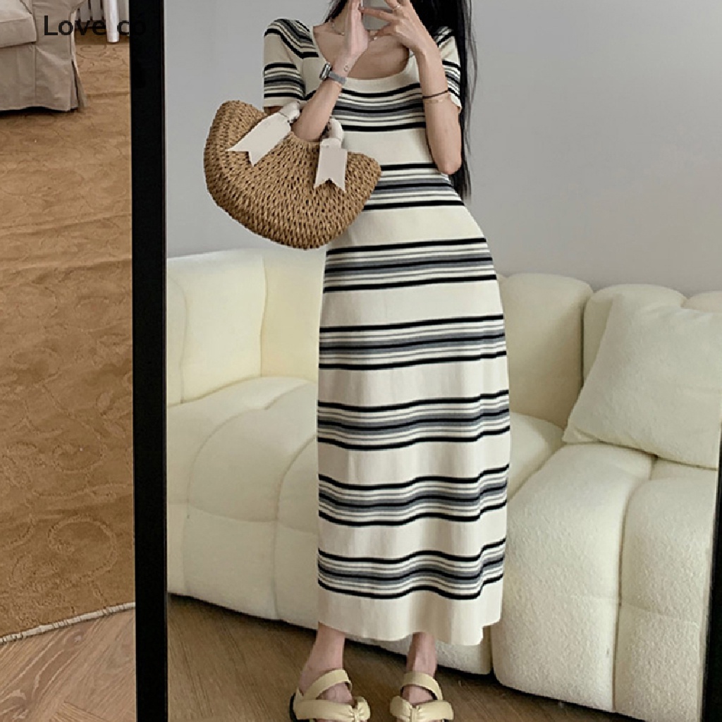 Love C Đầm Maxi Dệt Kim Tay Ngắn Cổ Vuông Họa Tiết Kẻ Sọc Đơn Giản Thanh Lịch Thời Trang Hàn Quốc Cho Nữ
