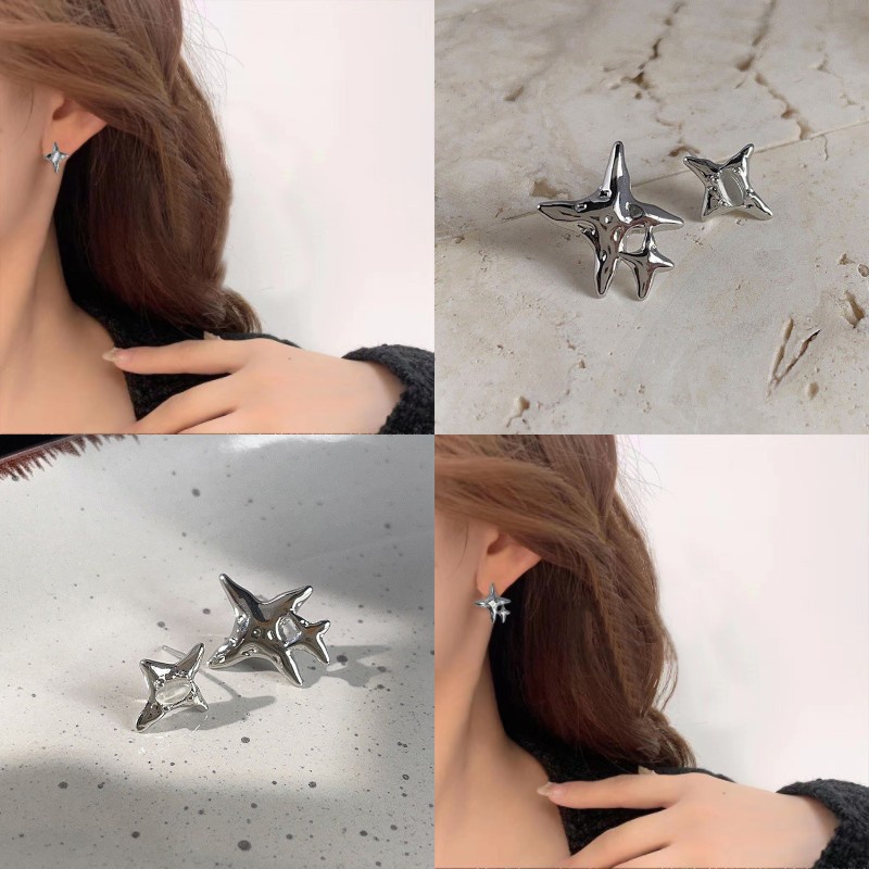 Khuyên Tai Ngôi Sao Bốn Cánh Bất Đối Xứng Dễ Thương Đơn Giản Độc Đáo Thời Trang Cho Tuổi Teen Hàng Ngày