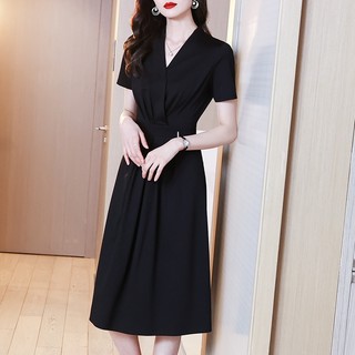 Đầm Đen Cổ Chữ V Ôm Eo Phong Cách Hepburn Cao Cấp Mùa Hè Mới
