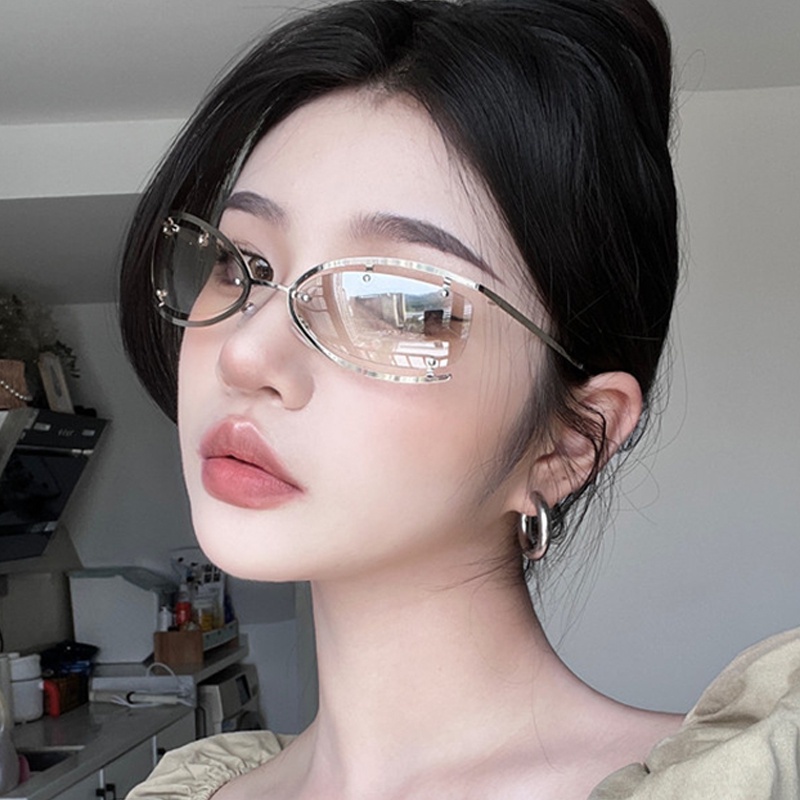 Kính Mát Mắt Mèo Nửa Gọng Kim Loại Trong Suốt Phong Cách Punk Hip Hop Thời Trang Cho Nam Và Nữ Y2K