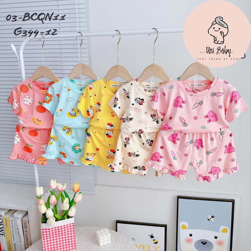 Bộ Thun Lạnh Minly Baby Cộc Tay Bé Gái, Bộ Quần Áo Cộc Tay Bé Gái Phối Bèo Tay điệu đà Unibaby - G344