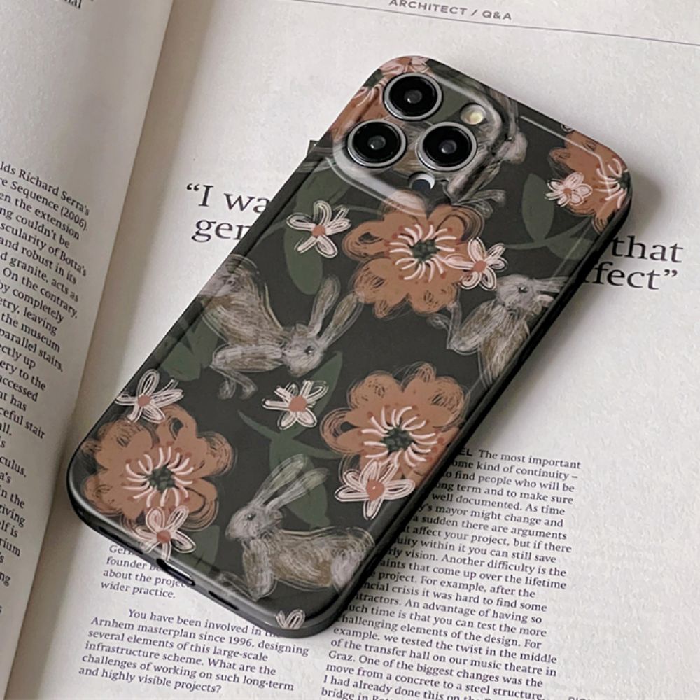 Ốp Điện Thoại IMD Mềm Bảo Vệ Ống Kính Họa Tiết Thỏ Và Hoa Sơn Dầu Cổ Điển Dành Cho IPhone 11 12 13 14 Pro Max