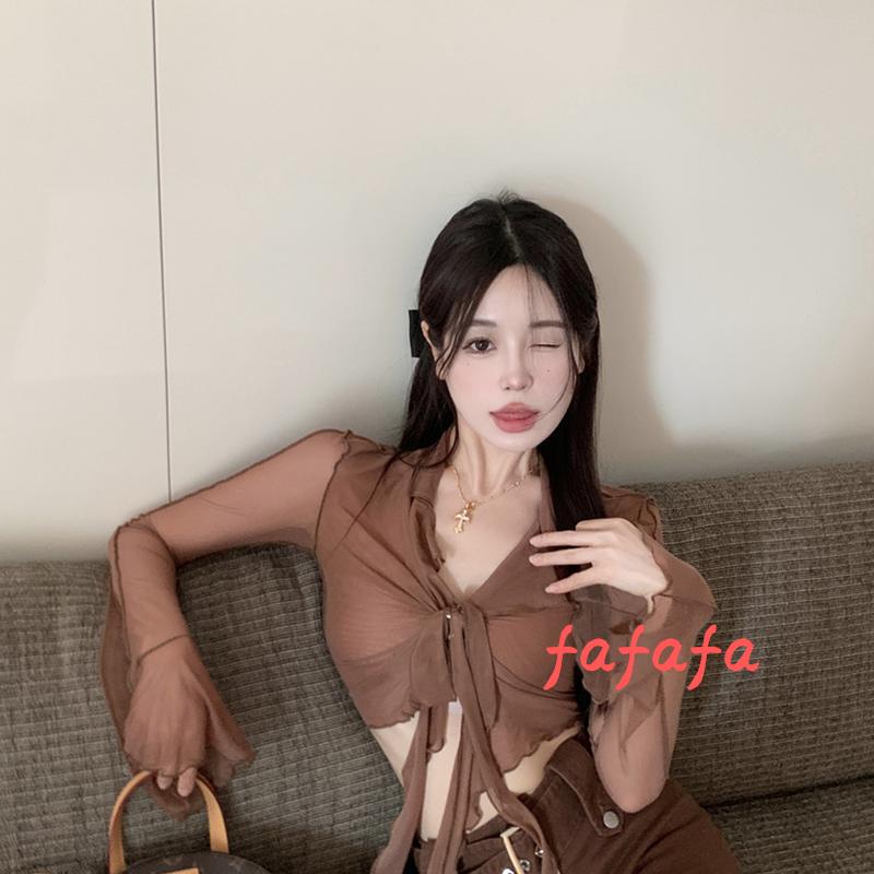 Fafa Áo Thun Crop Top Lưới Tay Dài Xuyên Thấu Màu Trơn Cổ Bẻ Ôm Dáng Phong Cách Đường Phố Thời Trang Cho Nữ