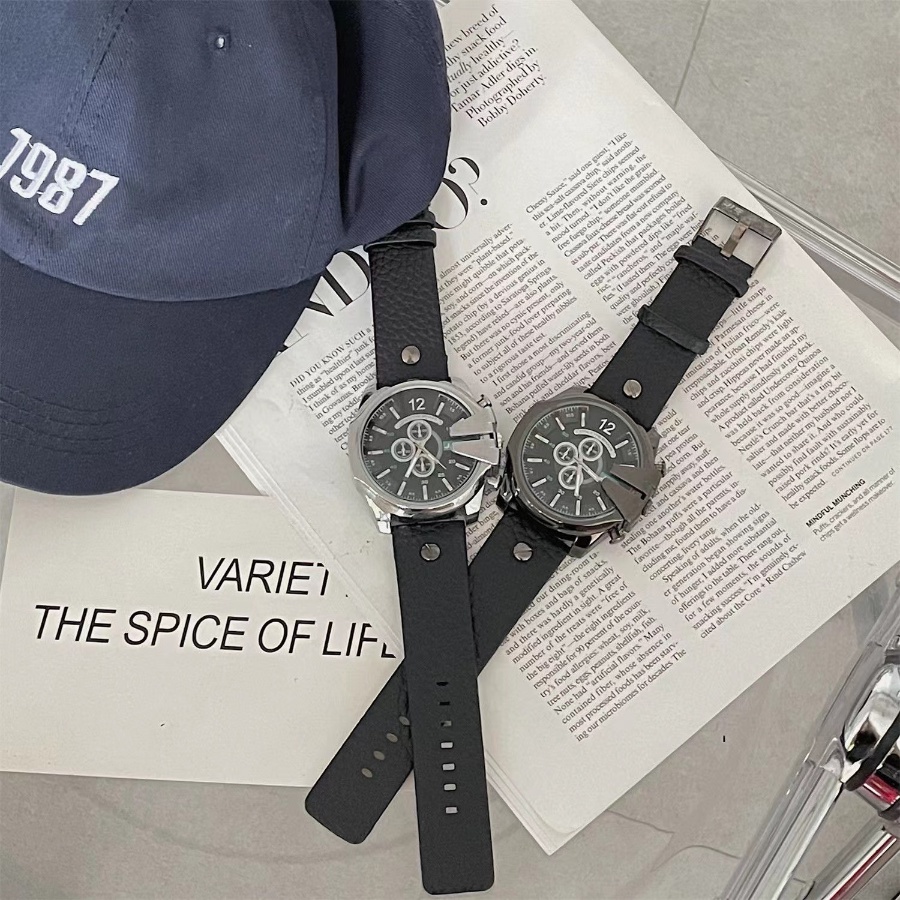 Đồng Hồ Đeo Tay Mặt Tròn Dây Da PU Kiểu Hip-Hop Hàn Quốc Cá Tính Cho Nam