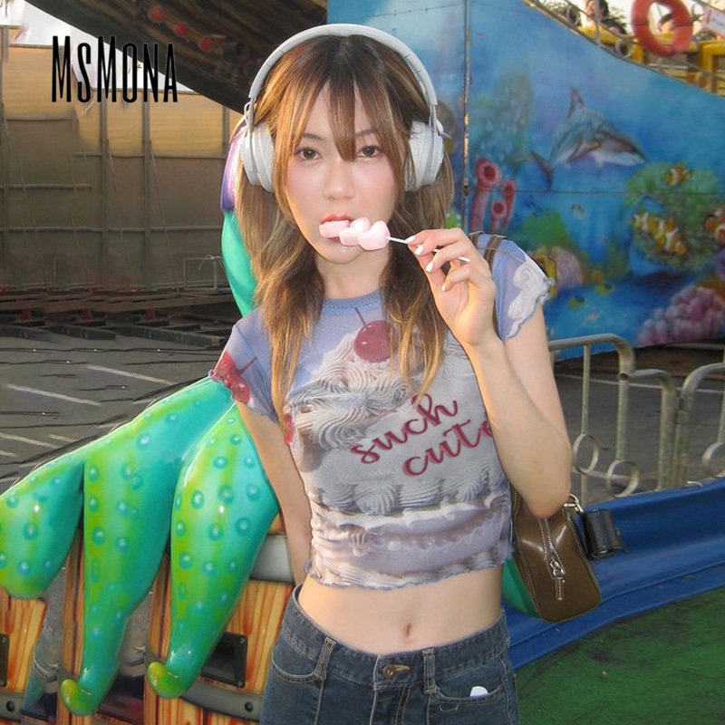 Áo Thun Tay Ngắn Cổ Tròn Dáng Ôm In Họa Tiết Thời Trang 2023 Cho Nữ