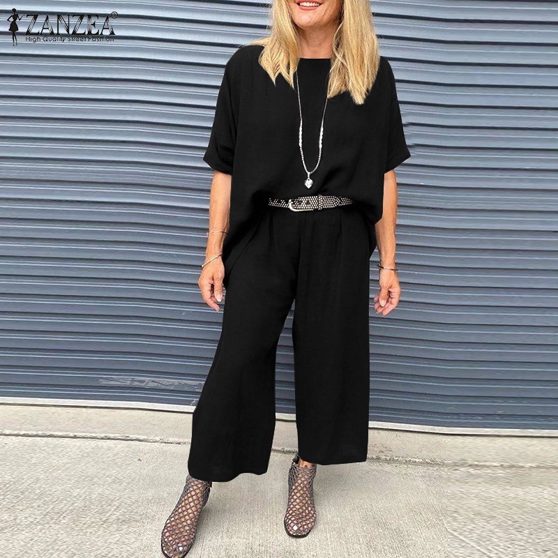 Zanzea Set Áo Kiểu Cổ Tròn Tay Lỡ + Quần Dài Lưng Thun Thời Trang Nữ