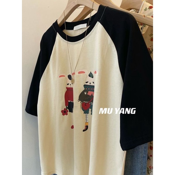 [Giới Hạn Thời Gian Đặc Biệt] Áo Thun Raglan Cotton Nguyên Chất Cỡ Lớn 300KG mm In Họa Tiết Màu Sắc Đối Lập Mùa Hè Cho Nữ