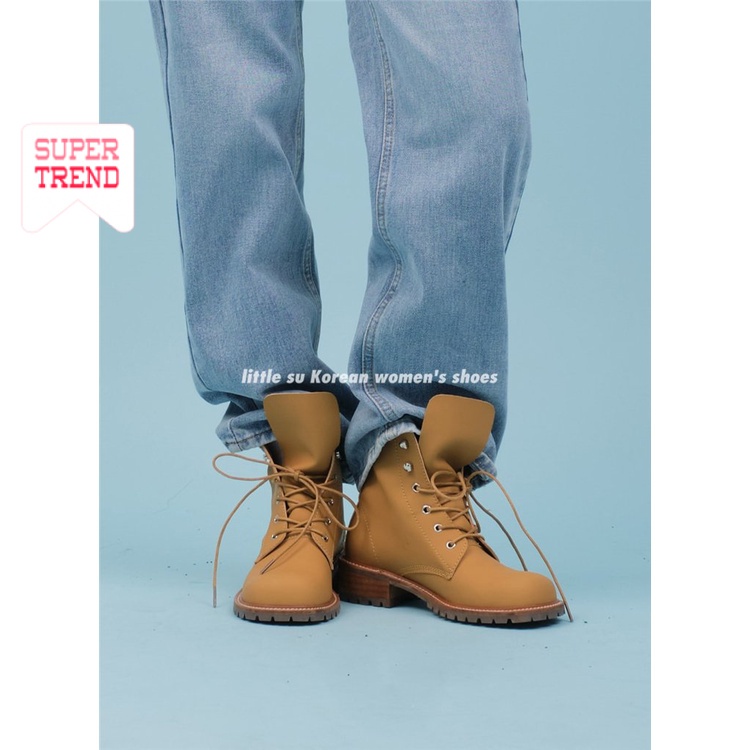 Giày Bốt Martin Da Mềm Gót Dày Mũi Tròn Cột Dây Kiểu Retro Phong Cách Anh Quốc Thời Trang