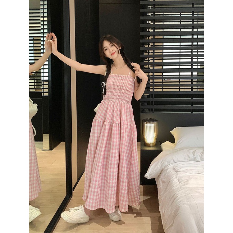 Đầm Hai Dây Dáng Dài Họa Tiết Sọc Caro Ngọt Ngào Thời Trang Mùa Hè Cho Nữ