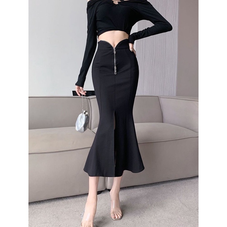 Chân Váy Đuôi Cá Dáng Chữ A Lưng Cao Màu Đen Thời Trang Thu Đông 2023