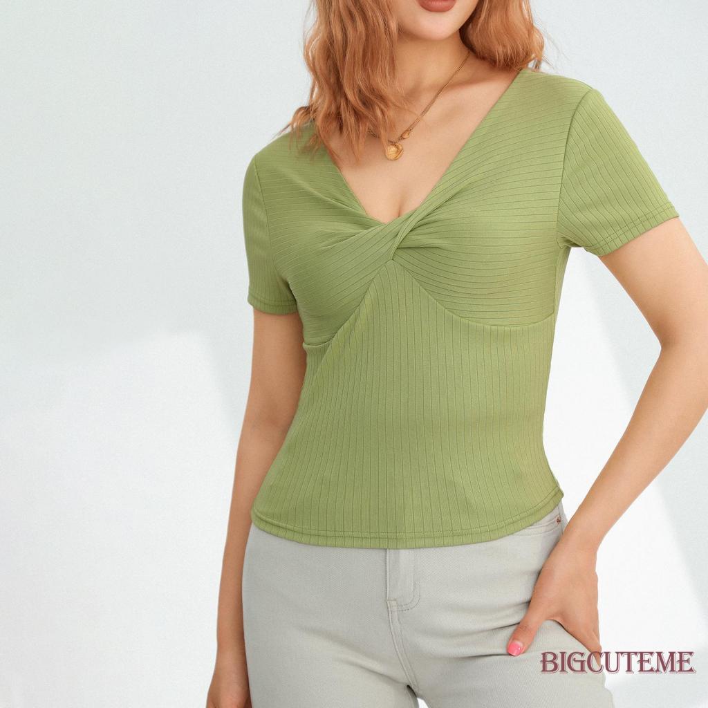 [] Áo Thun Dệt Kim Ngắn Tay Cổ Chữ V Màu Trơn Xoắn Phía Trước Màu Đen / Xanh Lá Cho Nữ
