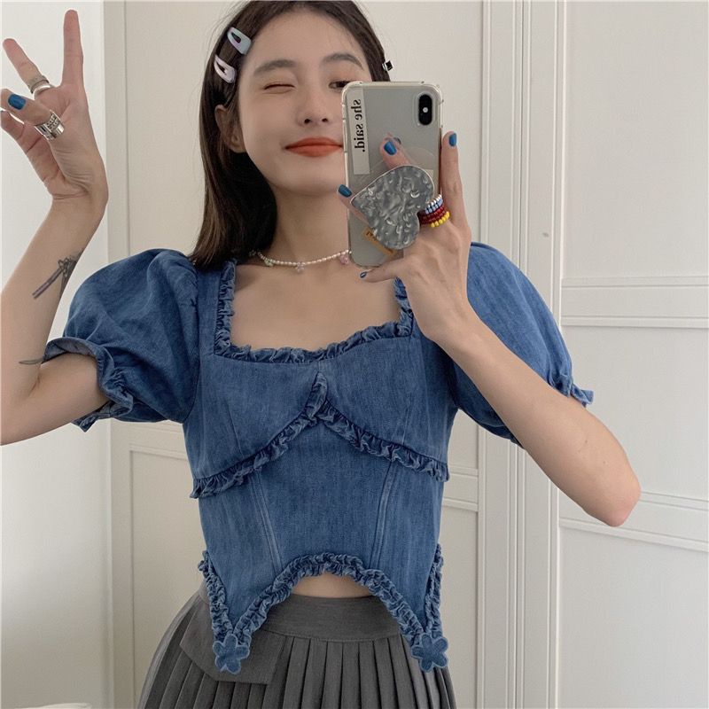 Áo Sơ Mi Denim Tay Ngắn Phồng Cổ Phẳng Phối Ren Kiểu Retro Cá Tính