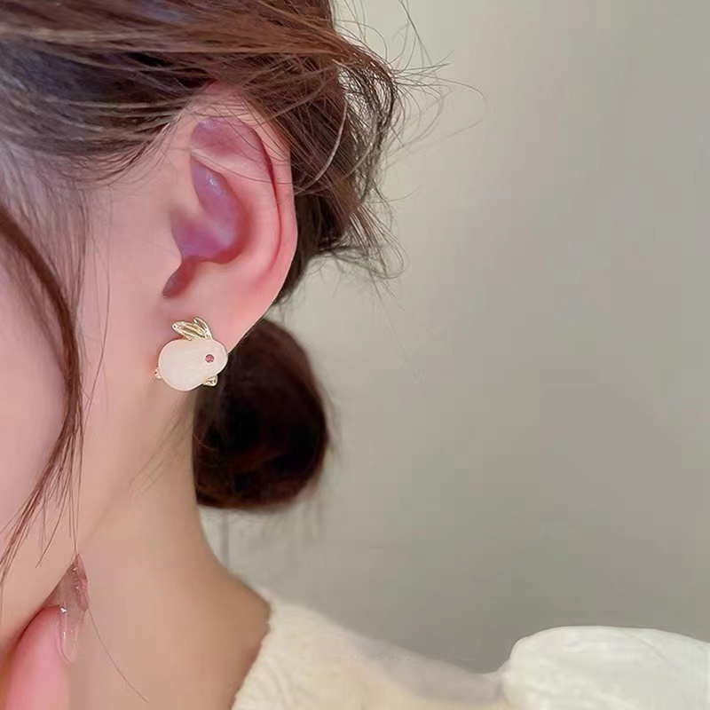 Bông Tai Mạ Bạc 925 Hình Thỏ Đính Ngọc Bích Tự Nhiên