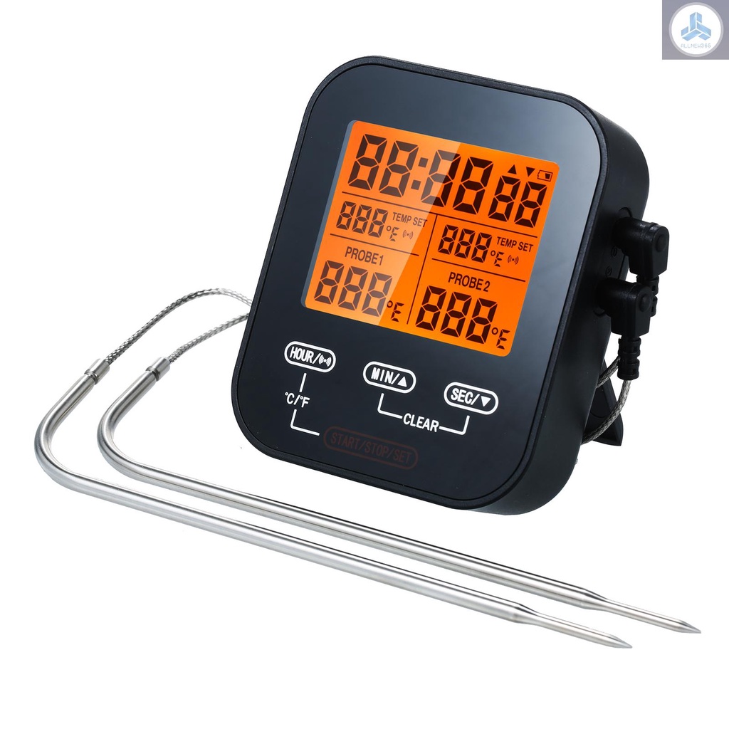 Digital Food Thermometer and Timer Wireless Meat Temperature Probe Thermomter Oven Thermometer for Grill Smoker Barbecue Kitchen Cooking with Dual Probes