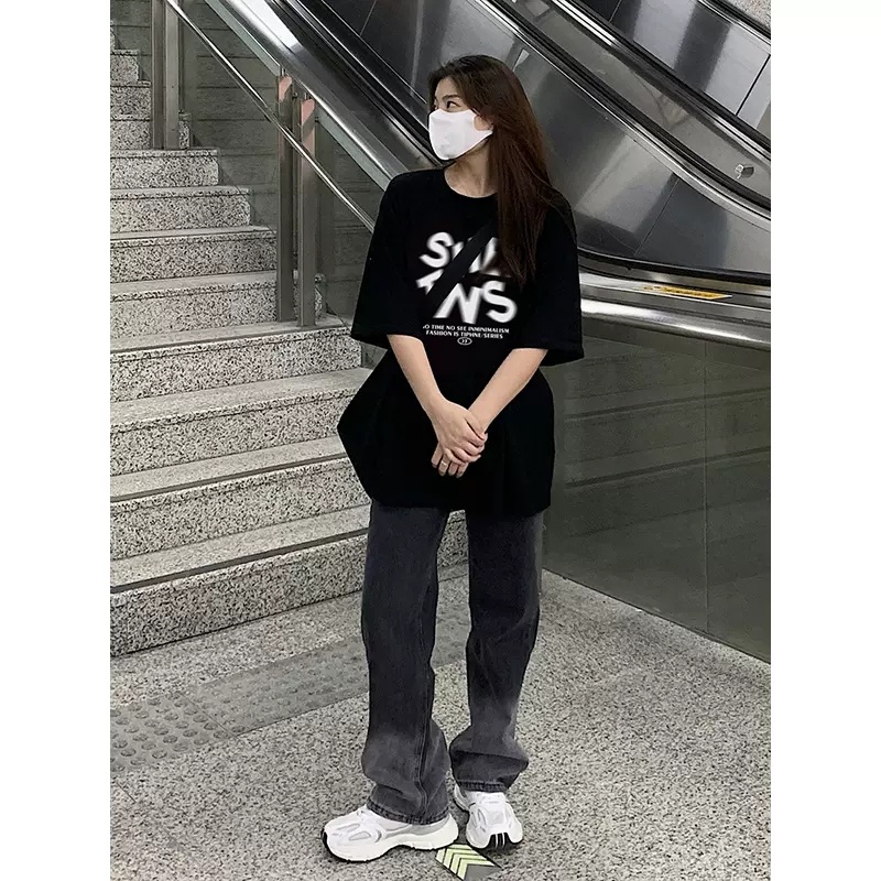Áo Thun 100% cotton Màu Đen Dáng Rộng In Họa Tiết Xinh Xắn Thời Trang Mùa Hè Cho Nữ 5049