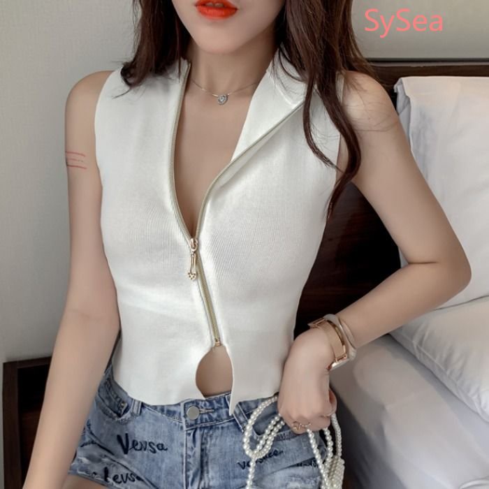 Áo Dệt Kim Sát Nách Phối Khóa Kéo Phong Cách Hàn Quốc Cho Nữ