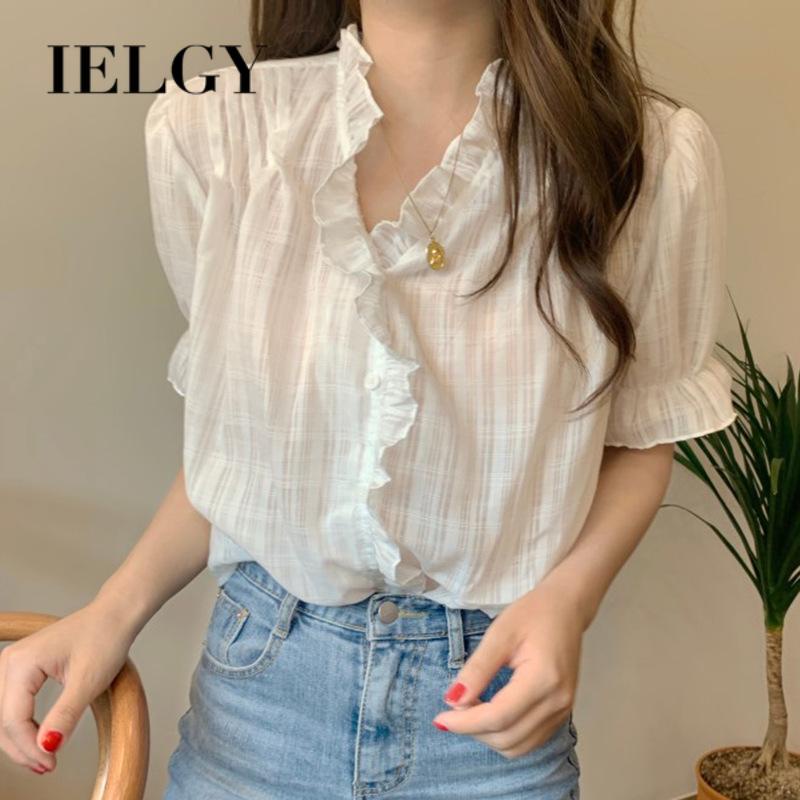 IELGY  Áo Kiểu Tay Phồng Cổ Chữ V Đính Nút Phong Cách Hàn Quốc Cho Nữ