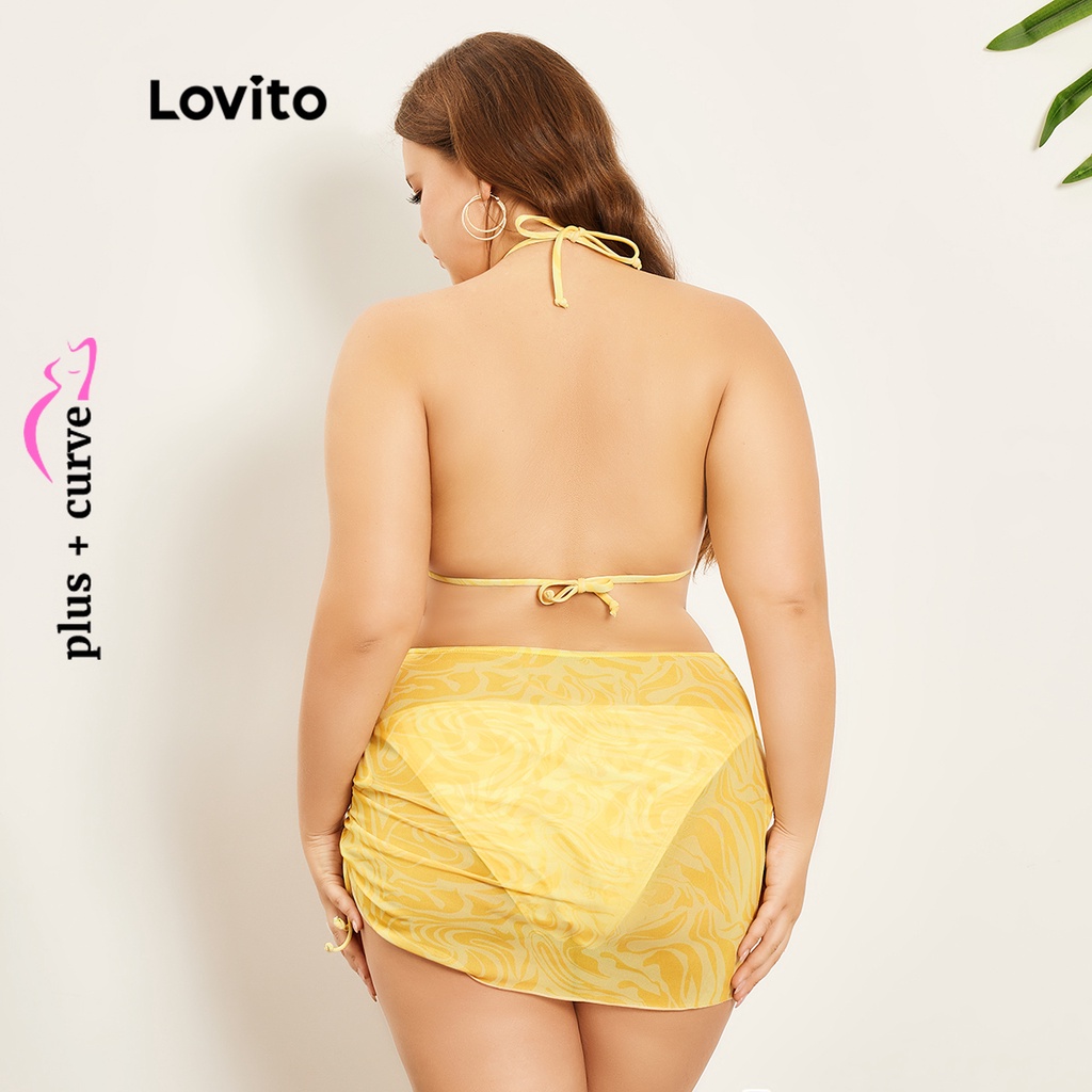 Bộ đồ bơi bikini Lovito phối lưới dây mảnh nhiệt đới thường ngày tôn đường cong size lớn cho nữ LPS07075 (Màu vàng)