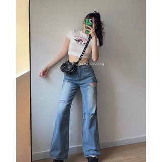 Quần jeans XANH NHẠT rách ngang không lưng