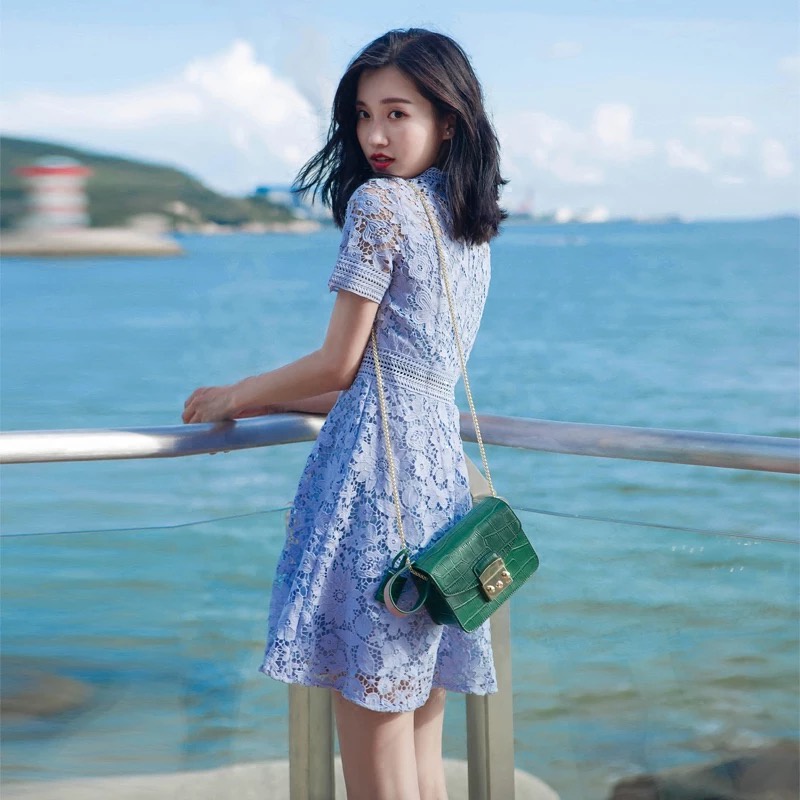 Đầm Ren Xanh Dương Dáng Chữ a Lưng Cao Ôm Dáng Phong Cách Thời Trang Mới 2023 Dành Cho Nữ