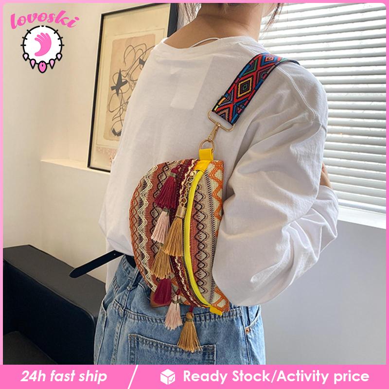 Túi Đeo Chéo Ngực Phối Tua Rua Phong Cách Bohemian Thời Trang